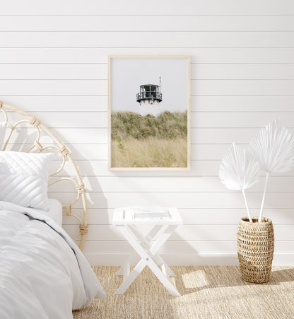 Chatham Lighthouse Cape Cod photography print, lighthouse lantern room peeking above wild dune grass, coastal New England wall art for beach house, living room, or cottage