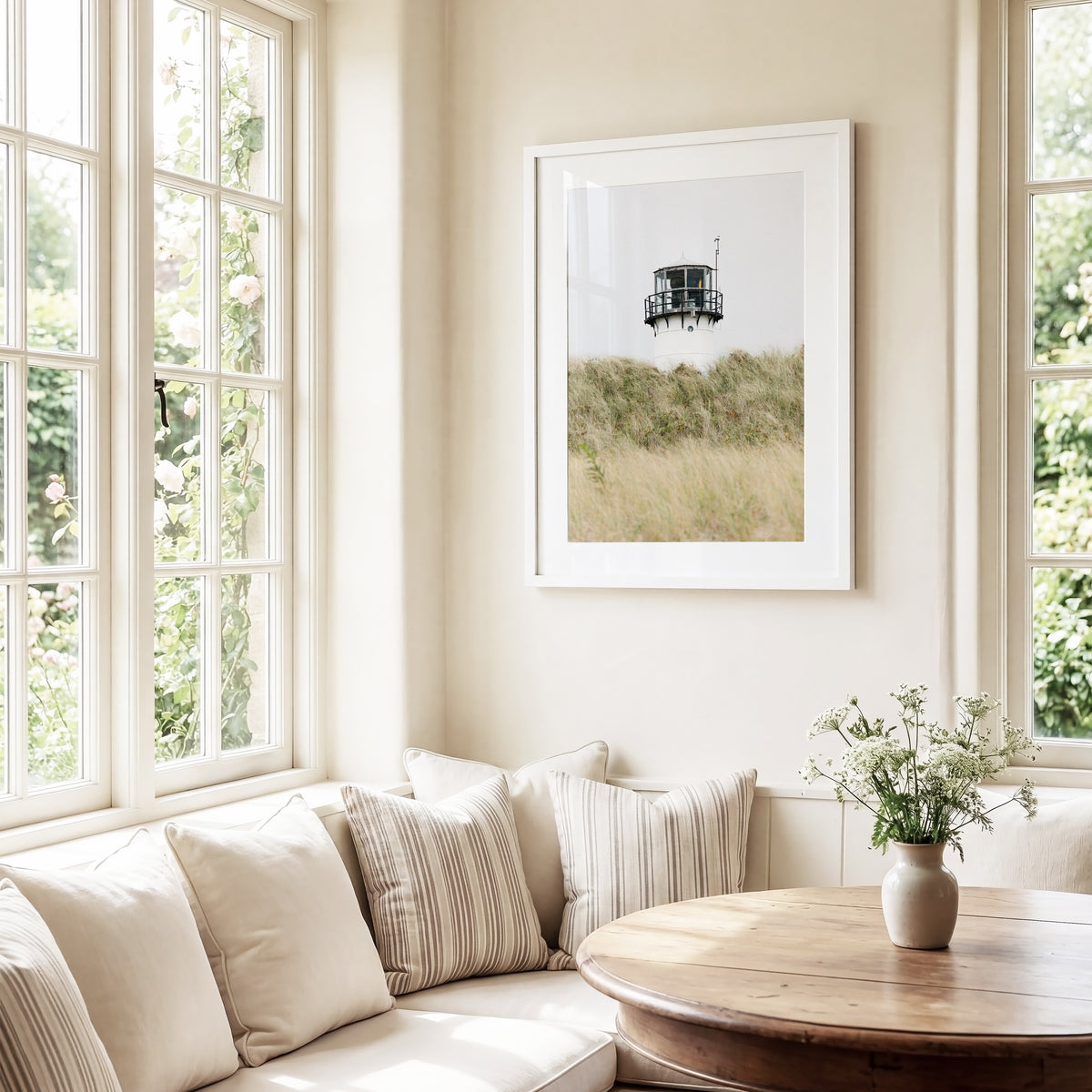 Chatham Lighthouse Cape Cod photography print, lighthouse lantern room peeking above wild dune grass, coastal New England wall art for beach house, living room, or cottage