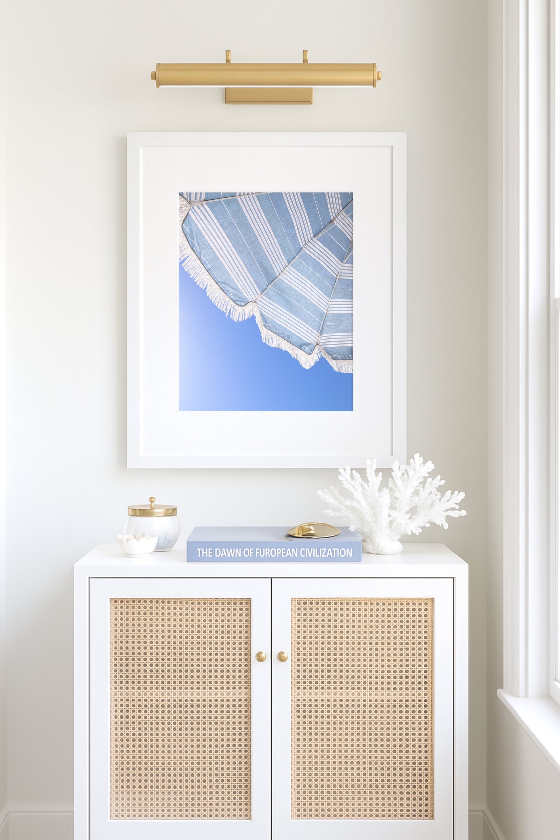 Blue and white beach umbrella print photographed in Santa Barbara Cali against clear blue sky
