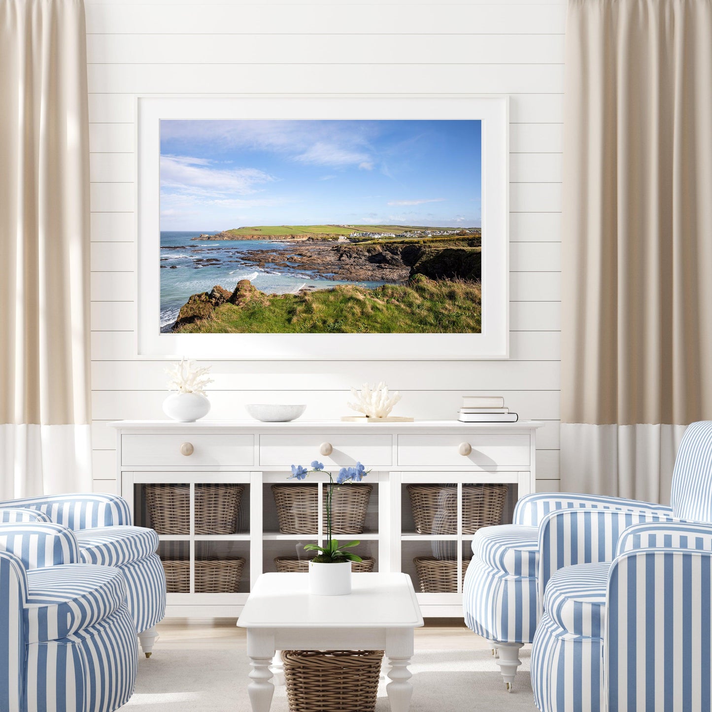 Scenic Cornwall seascape with ocean waves and dramatic cliffs, fine art photography.