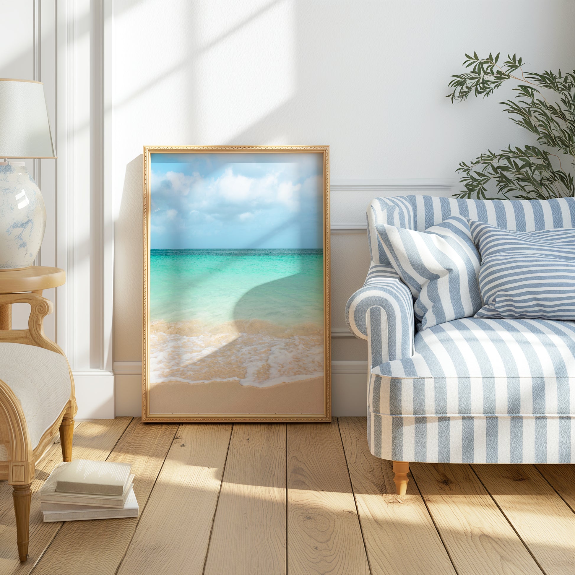Vibrant ocean waves at Eagle Beach, Aruba with clear turquoise water and soft golden sand under a bright sky — colorful beach photography perfect for tropical and modern coastal decor.
