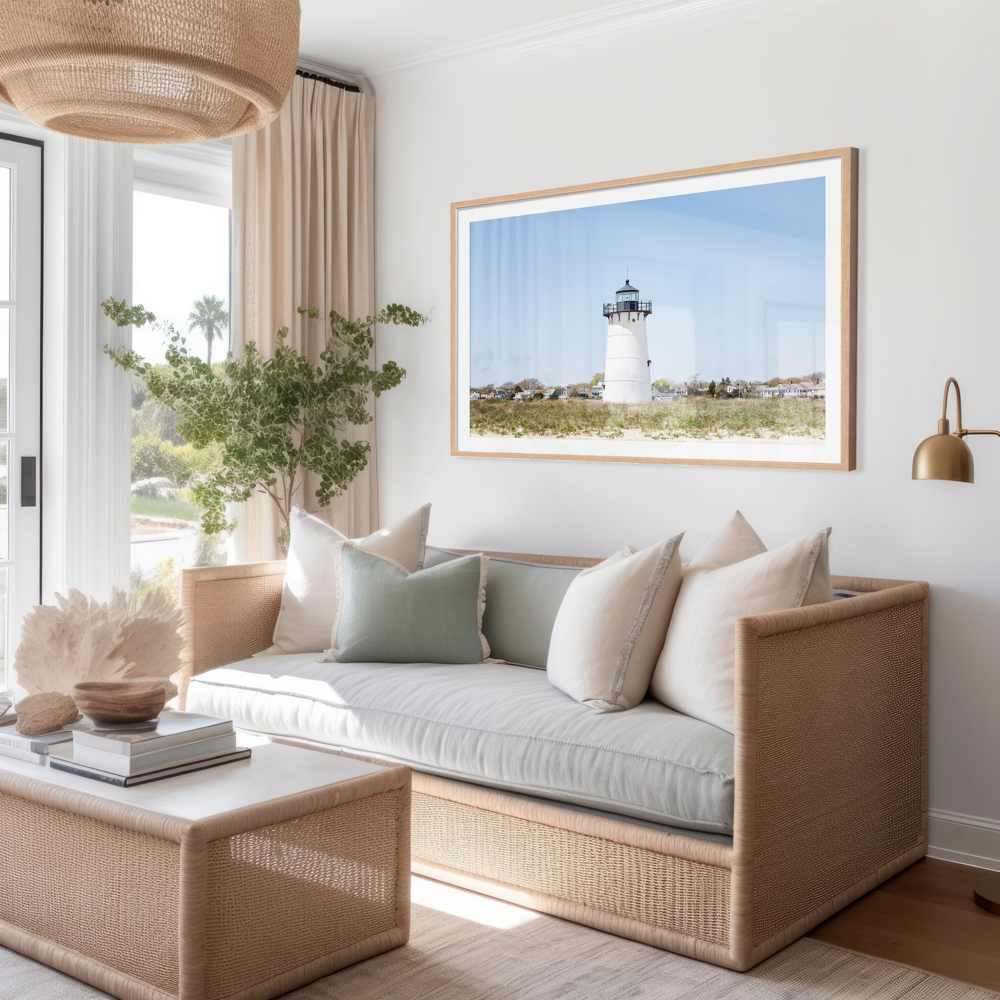 Horizontal coastal photography print of Edgartown Lighthouse on Marthas Vineyard with dune grass, blue sky, and beach landscape.