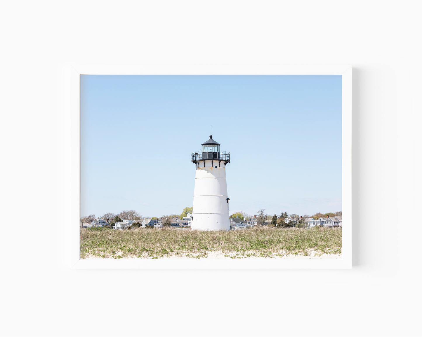 Horizontal coastal photography print of Edgartown Lighthouse on Marthas Vineyard with dune grass, blue sky, and beach landscape.
