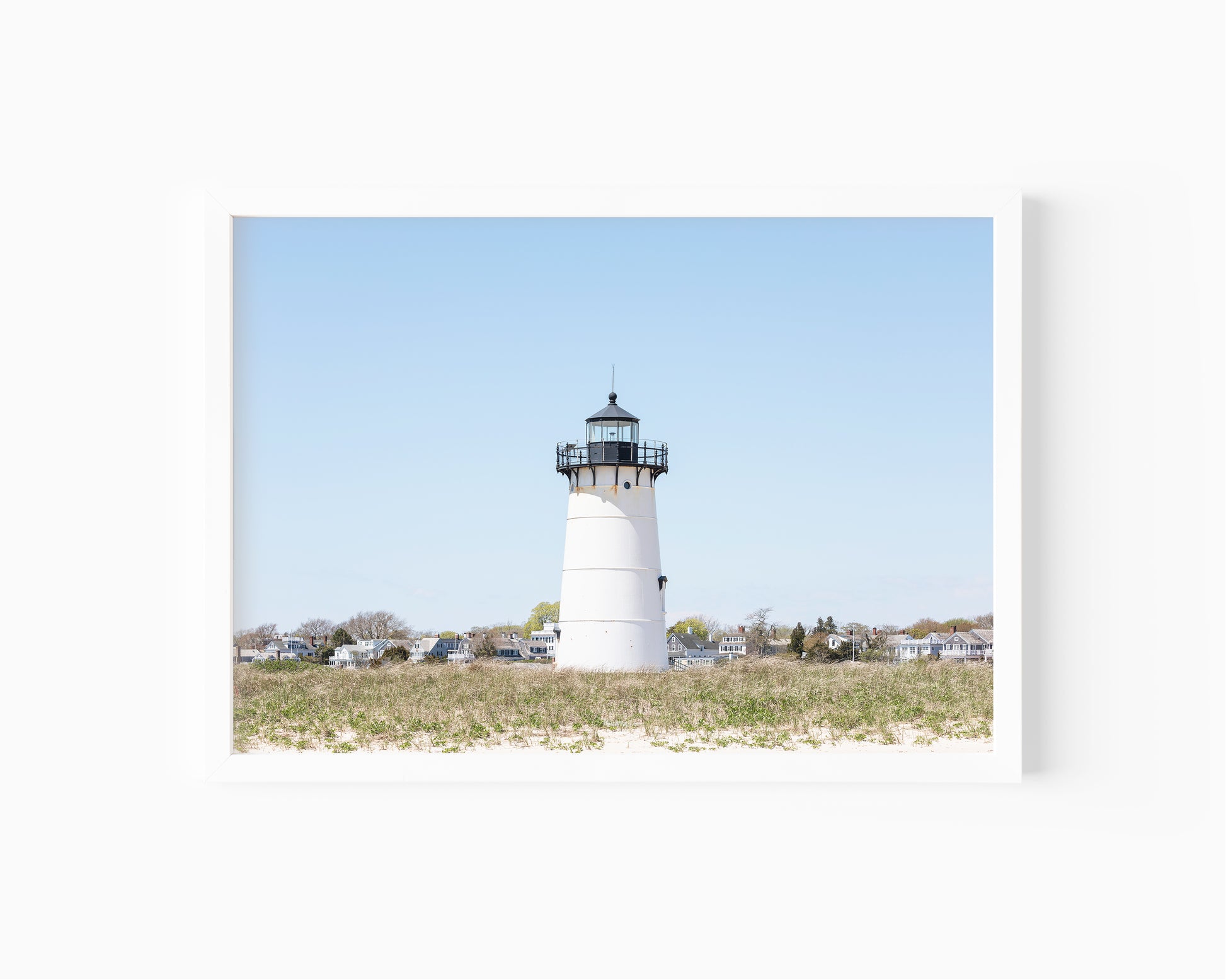 Horizontal coastal photography print of Edgartown Lighthouse on Marthas Vineyard with dune grass, blue sky, and beach landscape.