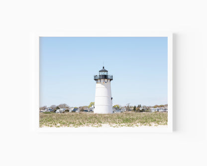 Horizontal coastal photography print of Edgartown Lighthouse on Marthas Vineyard with dune grass, blue sky, and beach landscape.