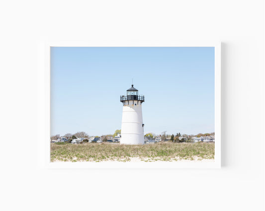 Horizontal coastal photography print of Edgartown Lighthouse on Marthas Vineyard with dune grass, blue sky, and beach landscape.