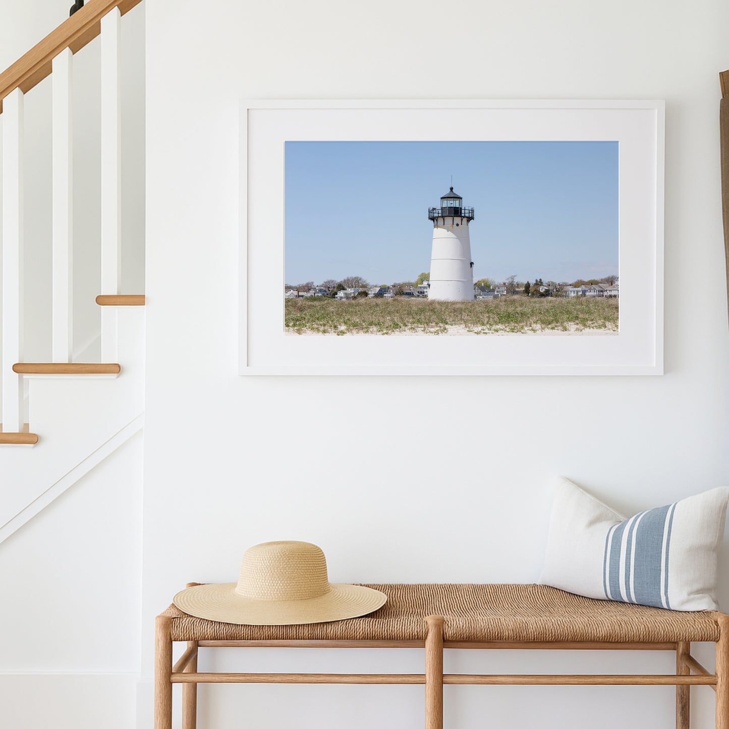 Horizontal coastal photography print of Edgartown Lighthouse on Marthas Vineyard with dune grass, blue sky, and beach landscape.