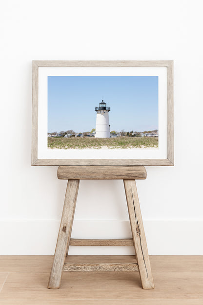 Horizontal coastal photography print of Edgartown Lighthouse on Marthas Vineyard with dune grass, blue sky, and beach landscape.