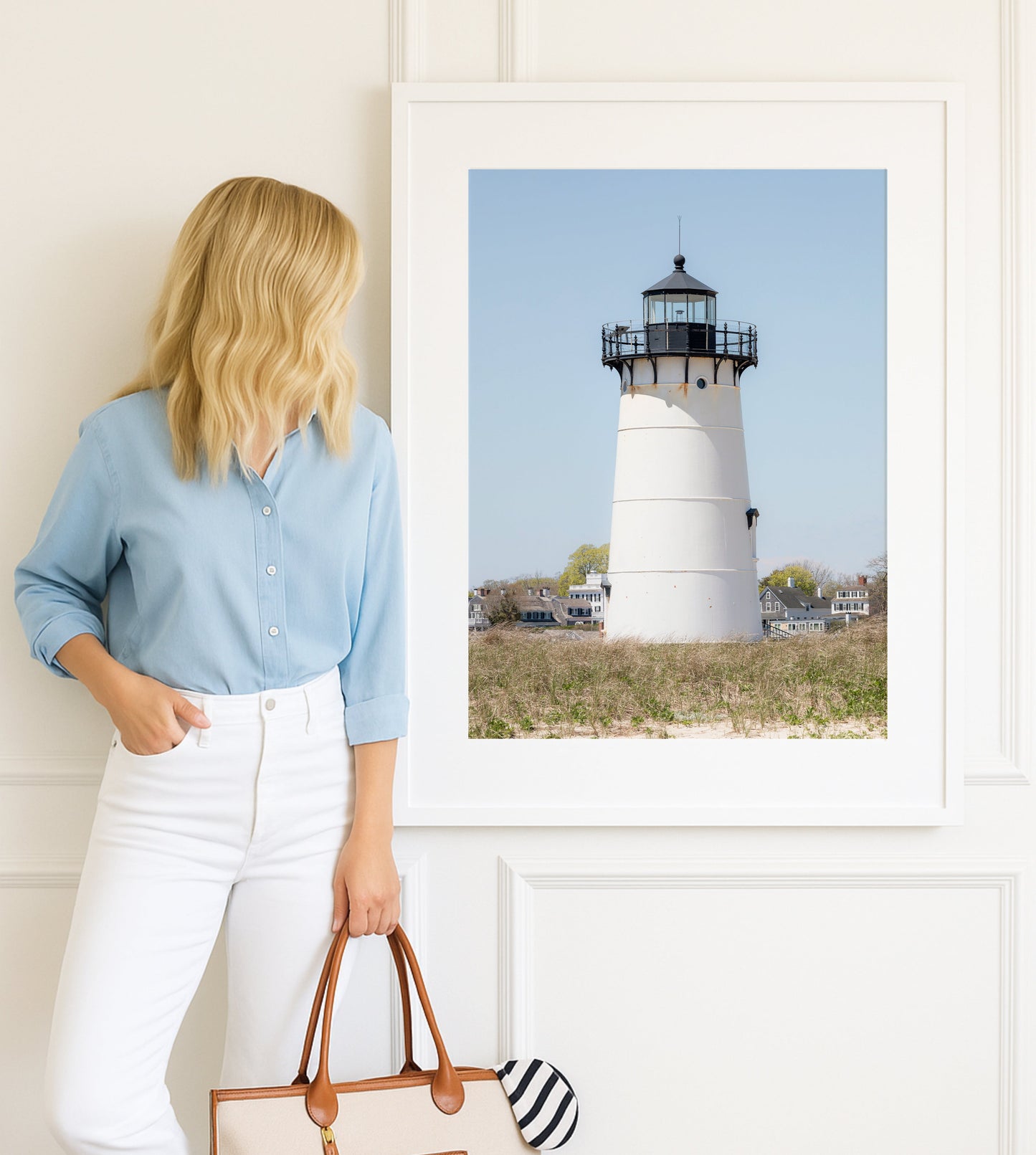 Edgartown Lighthouse photography print on Marthas Vineyard featuring a white lighthouse, dune grass, and soft blue sky in a coastal New England setting.