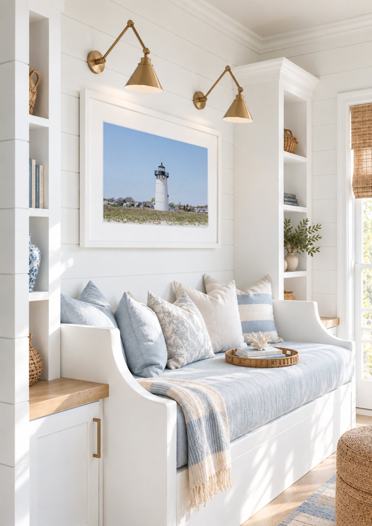 Color fine art photograph of the Edgartown Lighthouse on Martha's Vineyard, white tower centered against a pale blue sky with beach grass in the foreground and Edgartown village behind it