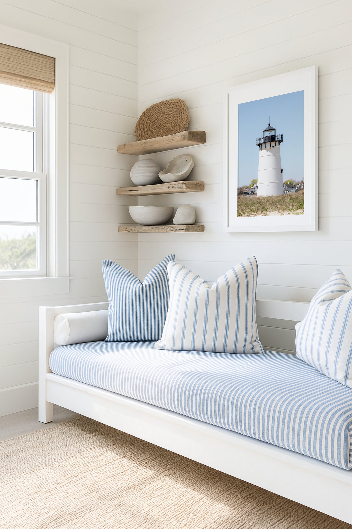 Edgartown Lighthouse photography print on Marthas Vineyard featuring a white lighthouse, dune grass, and soft blue sky in a coastal New England setting.