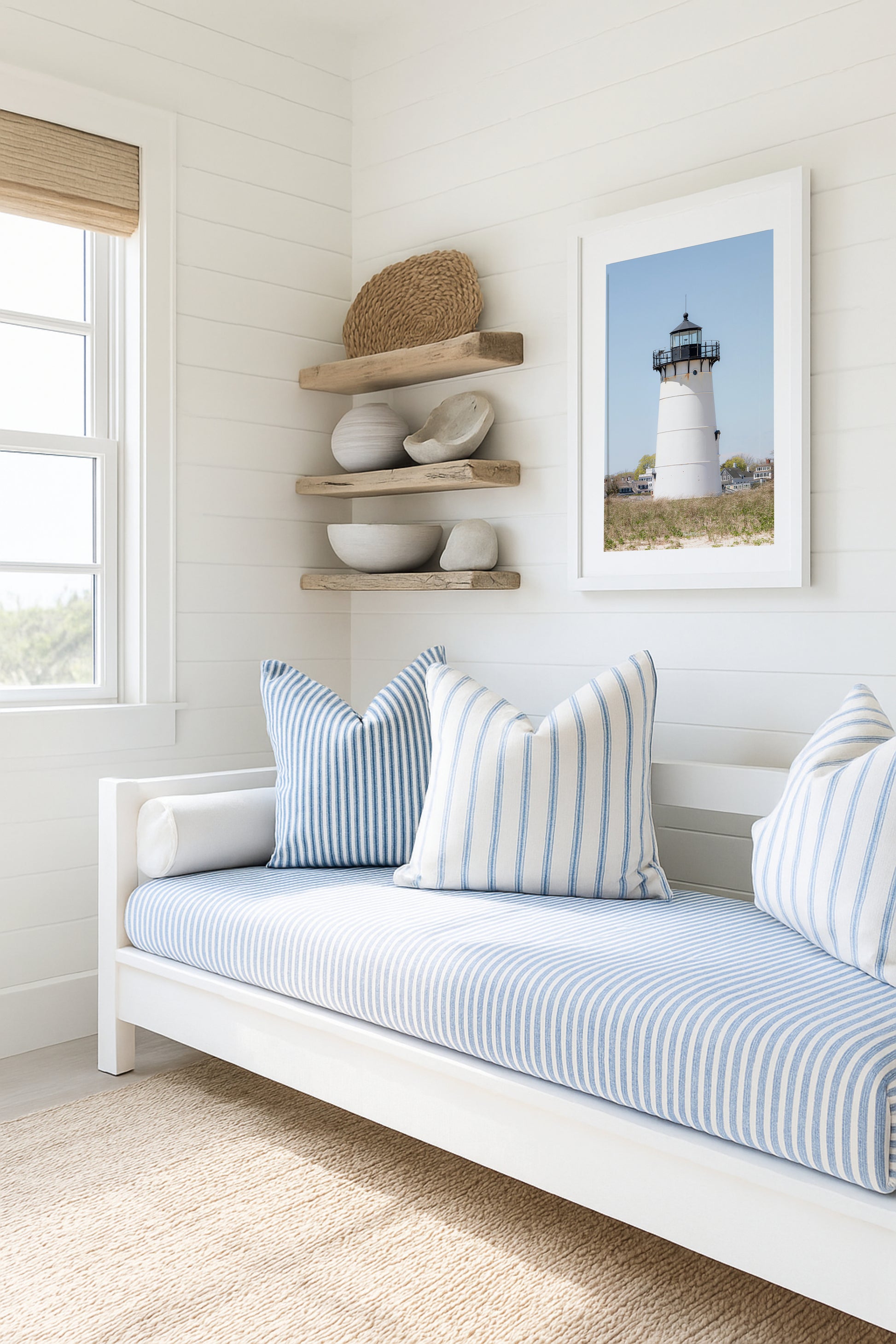 Edgartown Lighthouse photography print on Marthas Vineyard featuring a white lighthouse, dune grass, and soft blue sky in a coastal New England setting.