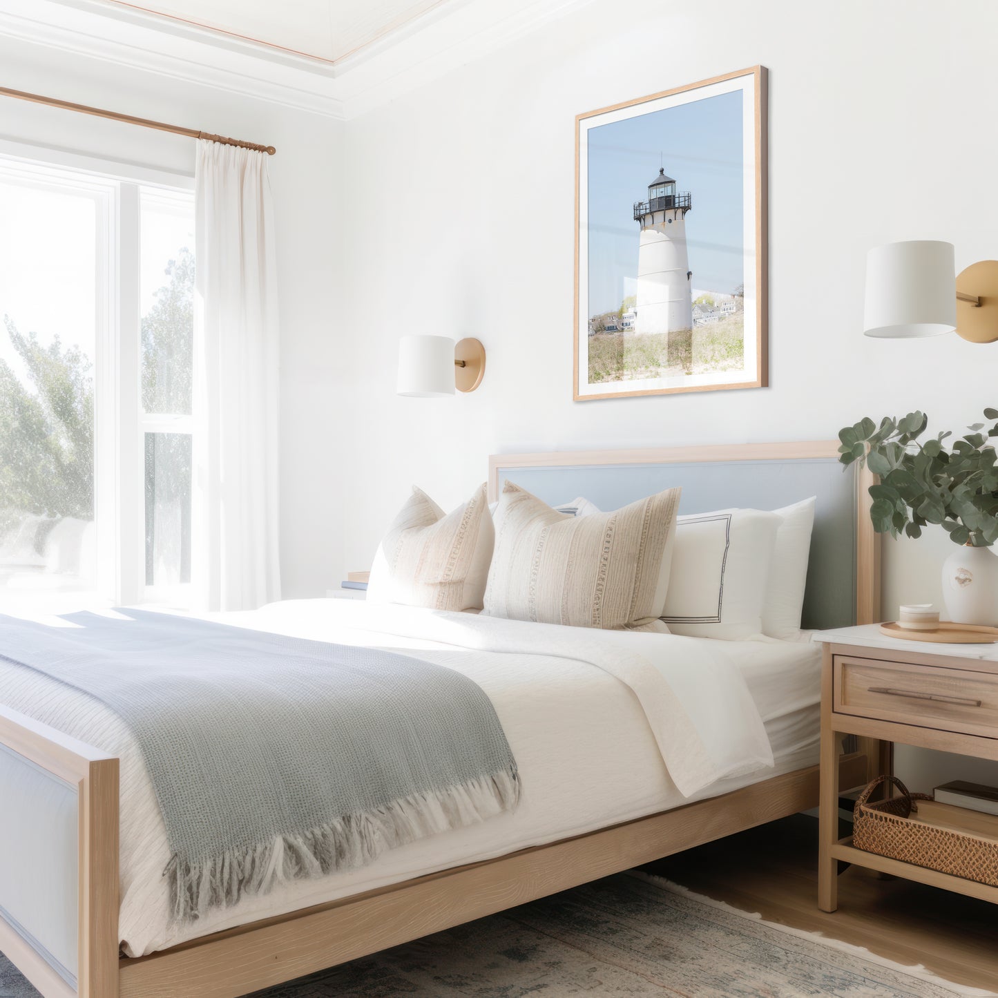 Edgartown Lighthouse photography print on Marthas Vineyard featuring a white lighthouse, dune grass, and soft blue sky in a coastal New England setting.