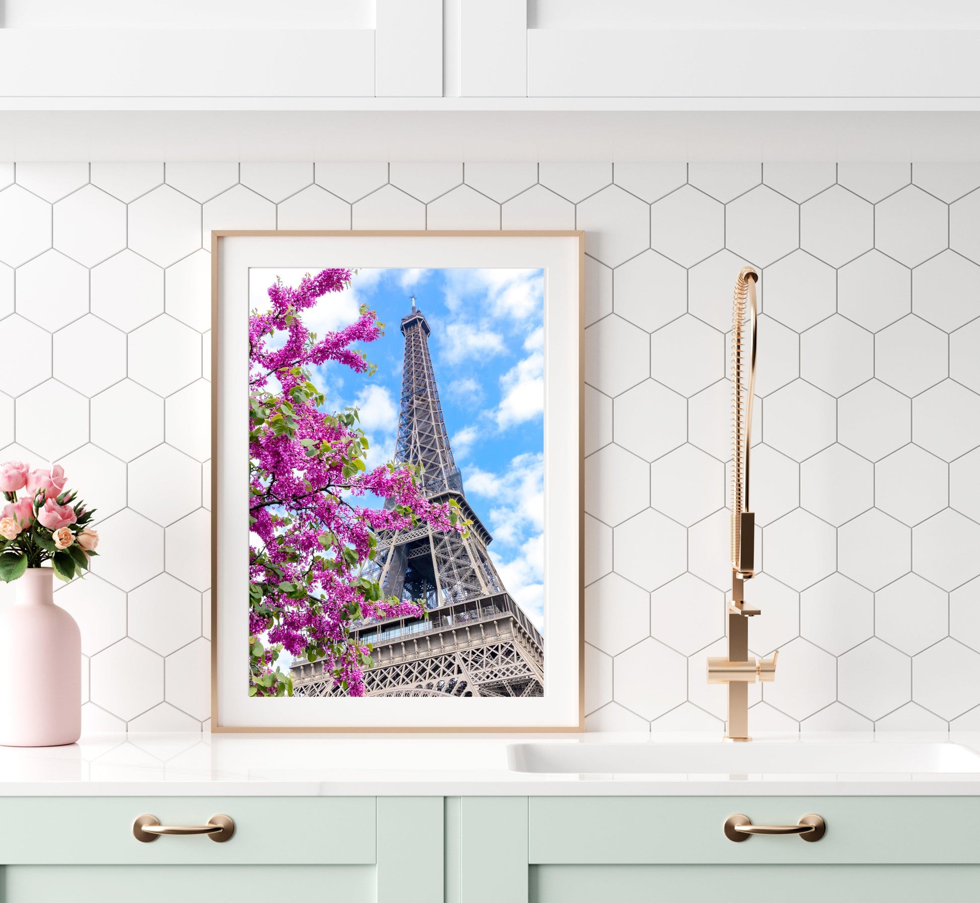 Eiffel Tower Cherry Blossoms Paris Print I - Departures Print Shop