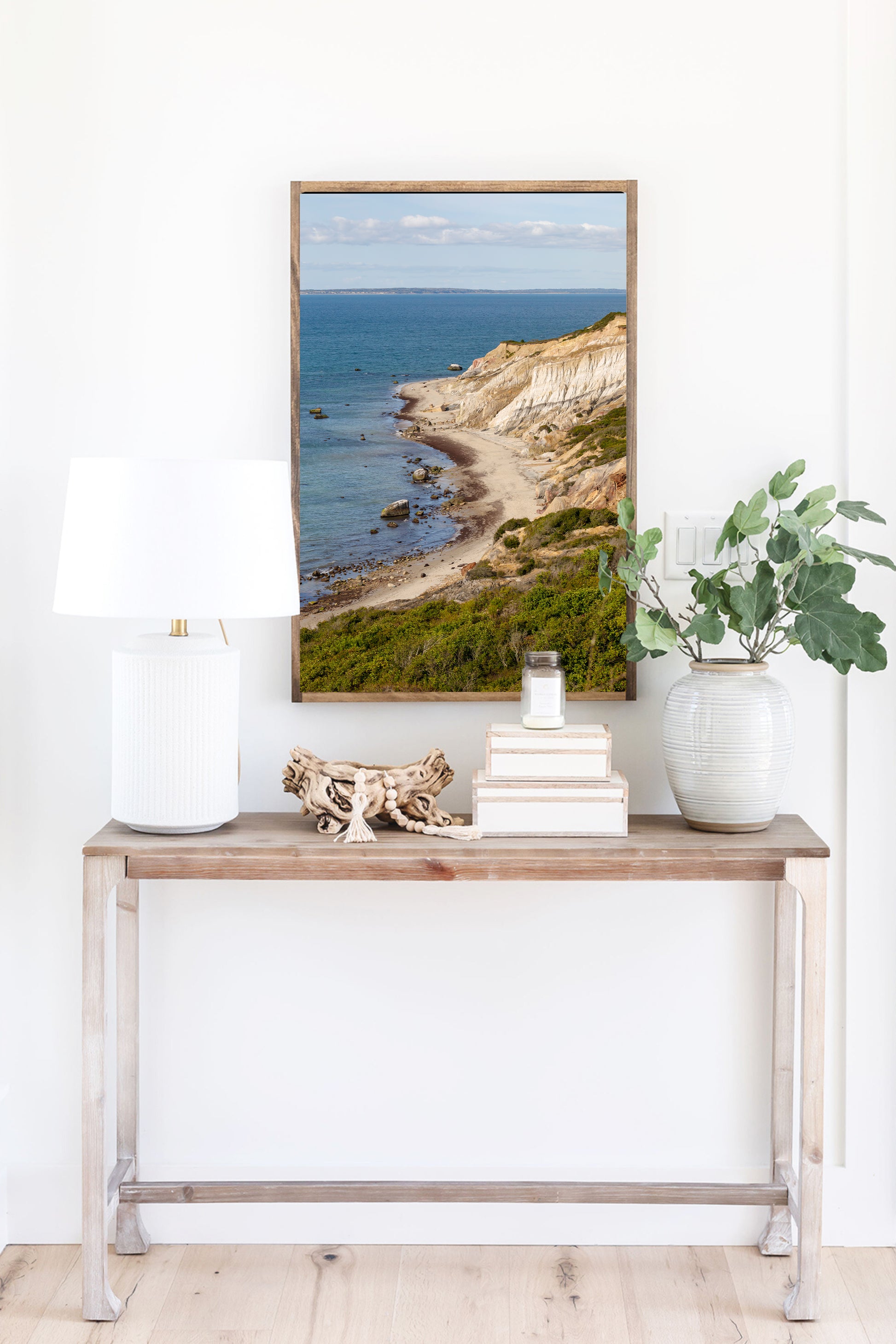 Aerial beach photography of the Aquinnah Cliffs in Aquinnah Massachusetts, showing a sweeping ocean seascape along the coastline of Martha’s Vineyard.