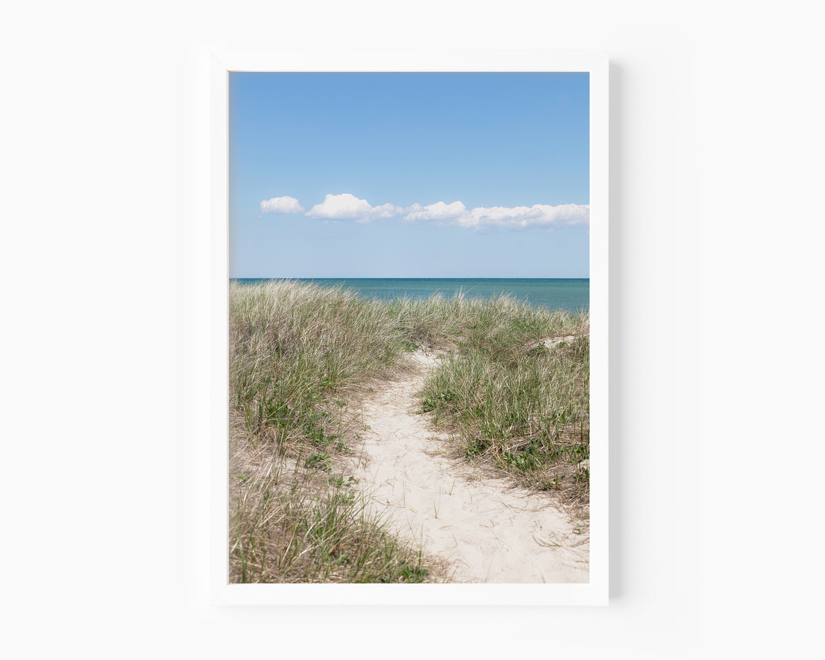Color fine art photograph of a sandy beach path through dune grass on Martha’s Vineyard, blue-green ocean visible on the horizon under a clear blue summer sky with white clouds