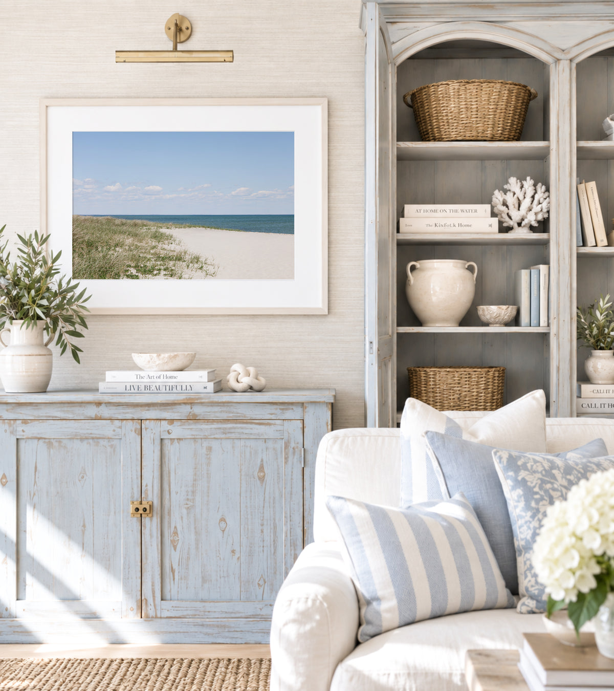 Neutral Marthas Vineyard beach print featuring sandy dunes, beach grass, soft blue ocean water, and a bright coastal sky.