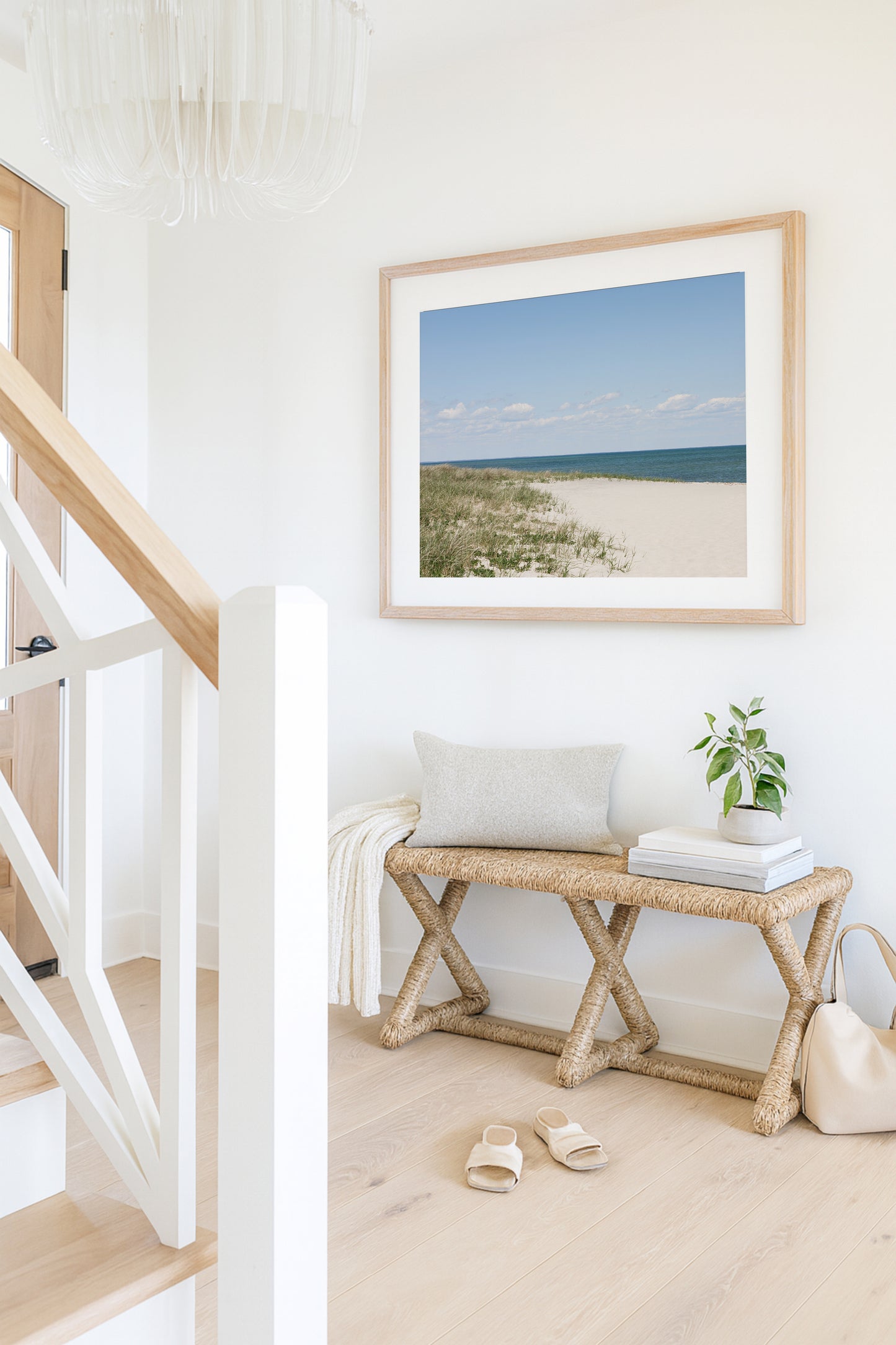Neutral Marthas Vineyard beach print featuring sandy dunes, beach grass, soft blue ocean water, and a bright coastal sky.