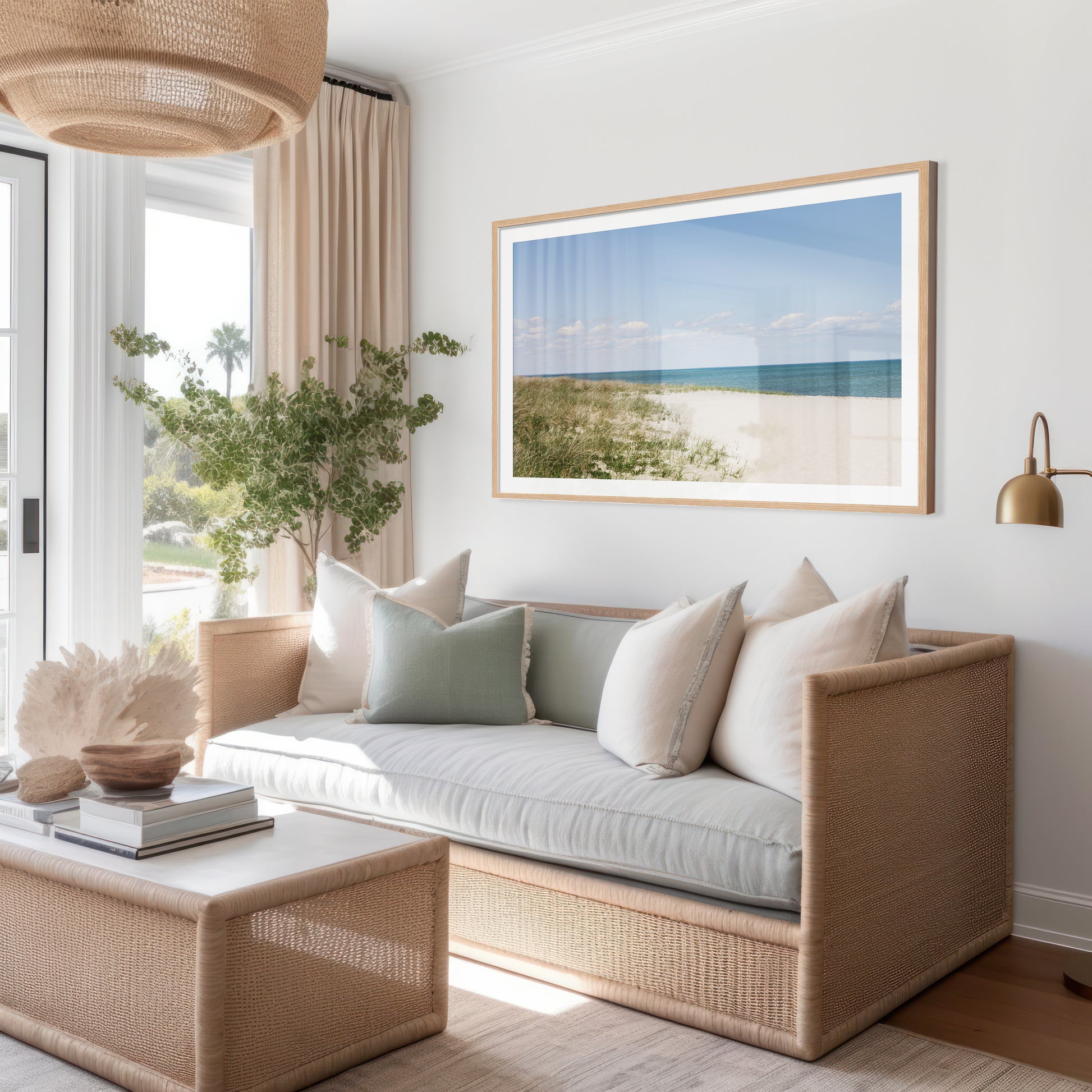 Neutral Marthas Vineyard beach print featuring sandy dunes, beach grass, soft blue ocean water, and a bright coastal sky.