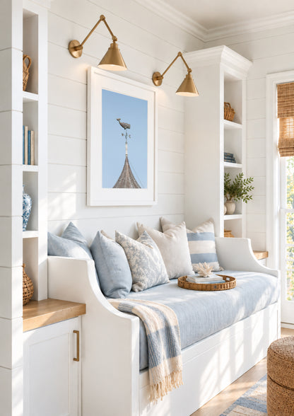 Whale weathervane Martha’s Vineyard photography print, weathered nautical weathervane on copper rooftop against pale blue sky, New England coastal wall art for beach house, cottage, or living room