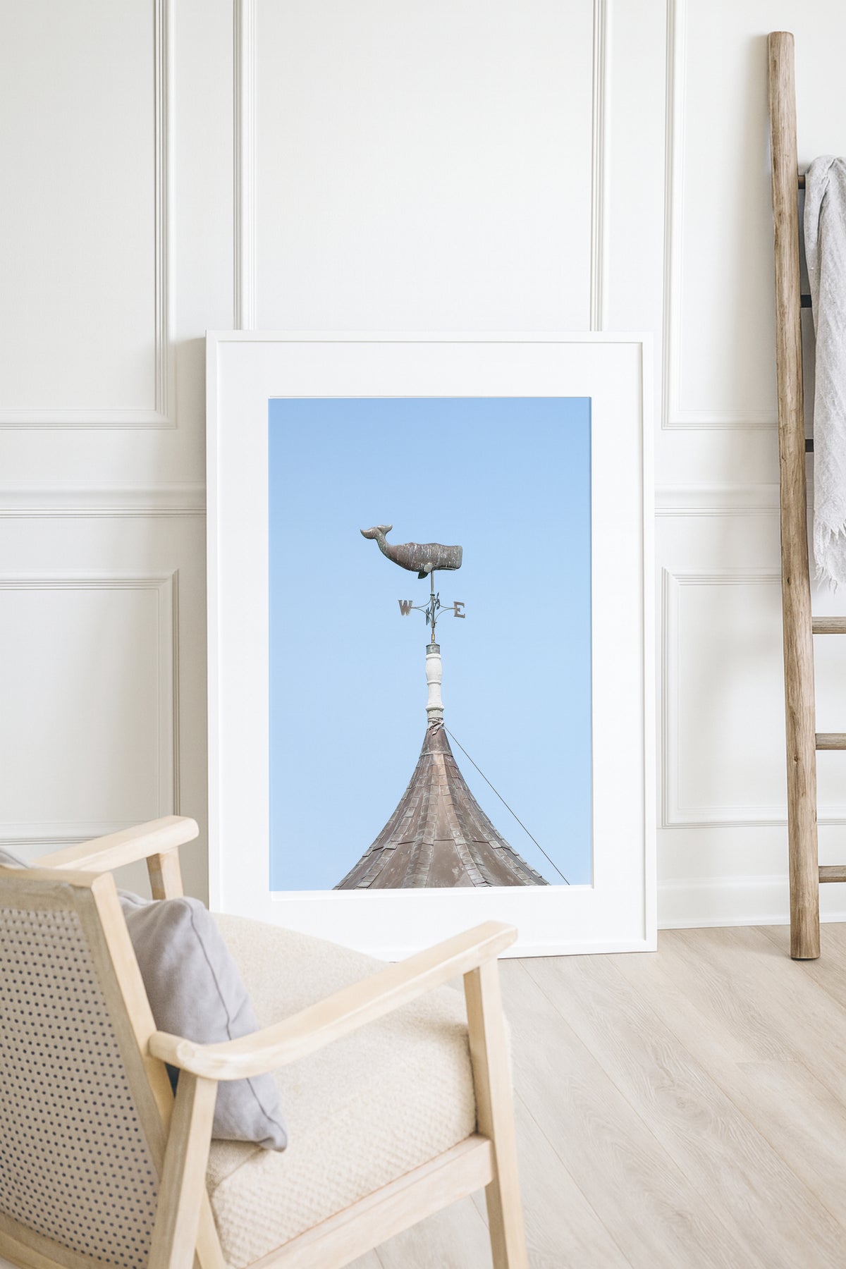 Whale weathervane Martha’s Vineyard photography print, weathered nautical weathervane on copper rooftop against pale blue sky, New England coastal wall art for beach house, cottage, or living room