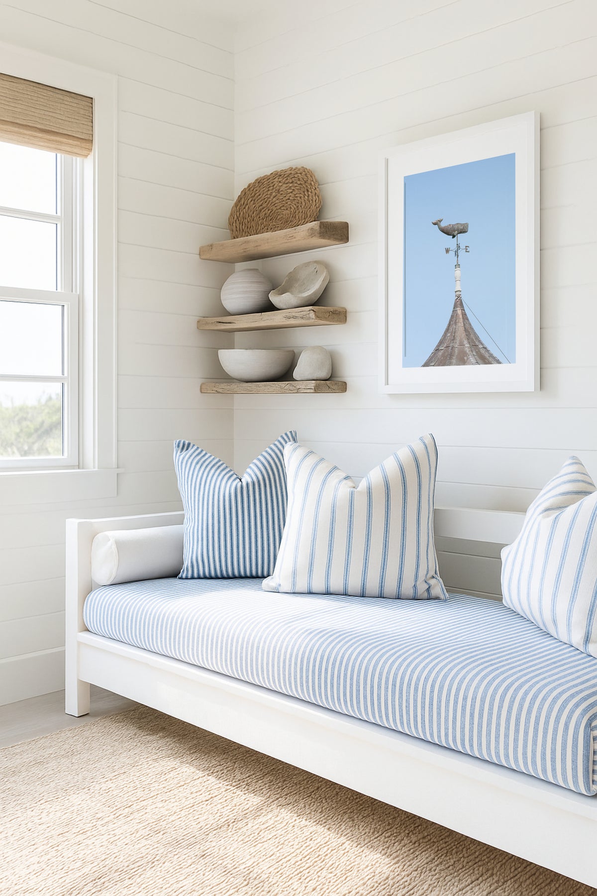Whale weathervane Martha’s Vineyard photography print, weathered nautical weathervane on copper rooftop against pale blue sky, New England coastal wall art for beach house, cottage, or living room