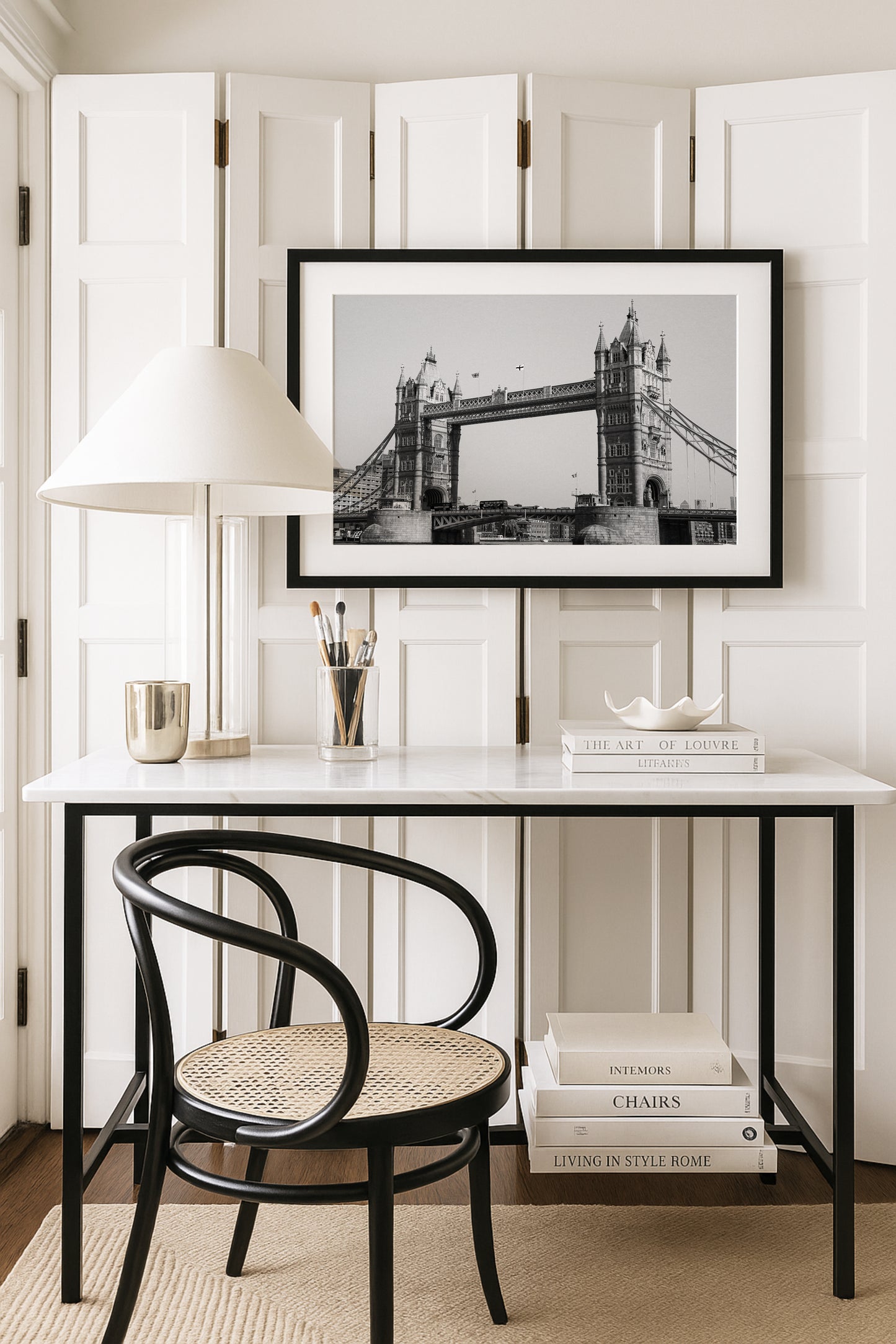 Black and white Tower Bridge London print – architectural photo of european landmark over the River Thames.