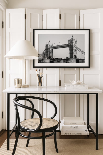 Black and white Tower Bridge London print – architectural photo of european landmark over the River Thames.