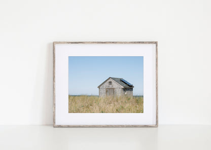 Color fine art photograph of a weathered grey shingle beach cottage alone in golden dune grass on Nantucket Island — ocean visible on the horizon under a wide pale blue sky