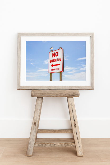 Color fine art photograph of a red and white No Surfing Fine $250 sign at Wrightsville Beach in Wilmington, North Carolina — a seagull perched on top of the sign against a blue sky