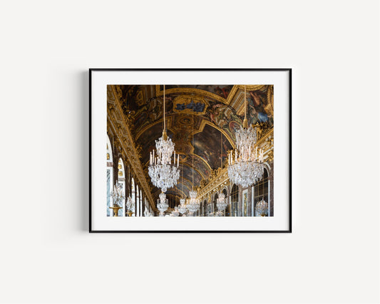 Palace of Versailles Hall of Mirrors Gold Chandelier Photography Print II - Departures Print Shop