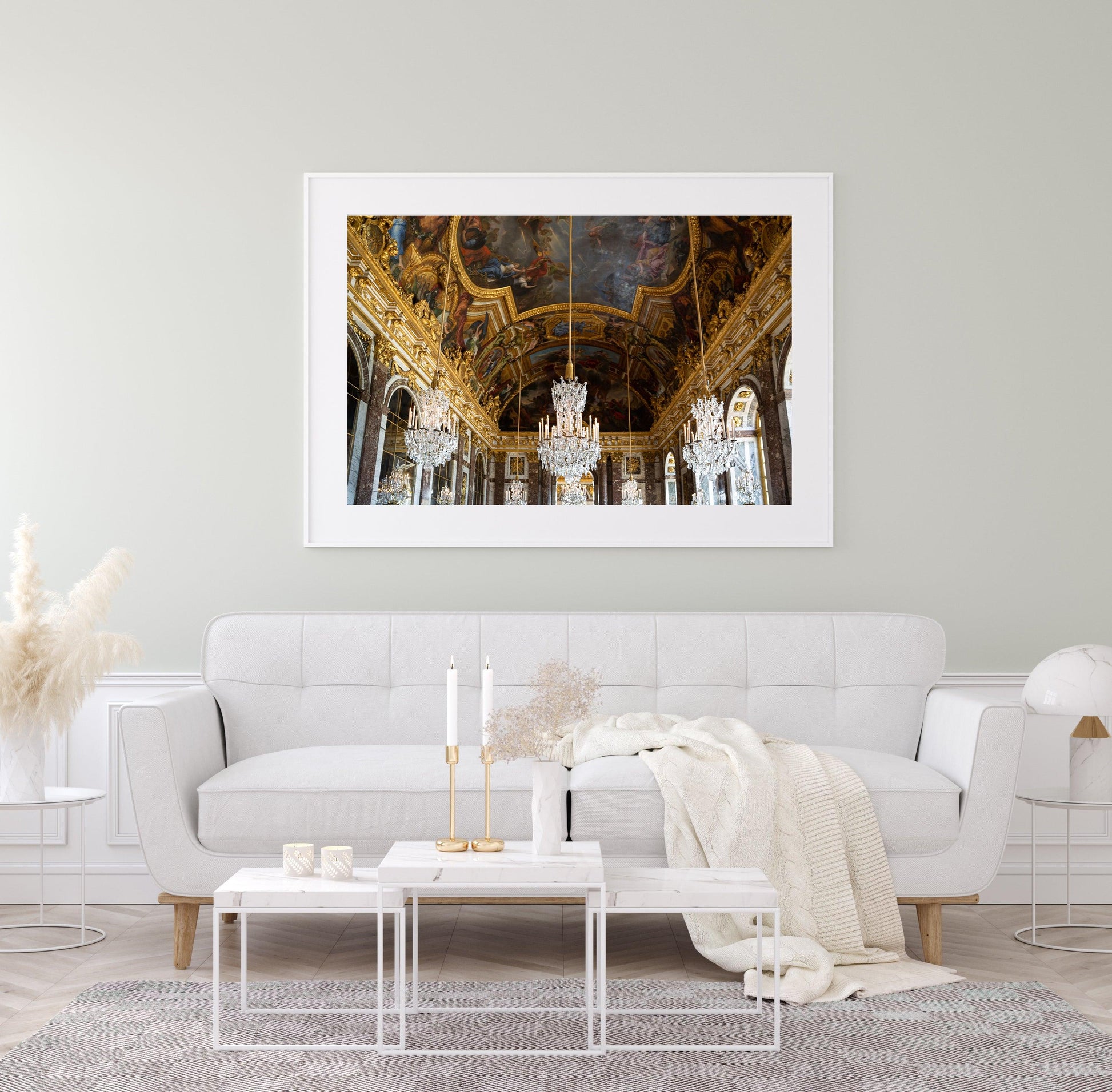 Palace of Versailles Hall of Mirrors Gold Chandelier Photography Print III - Departures Print Shop