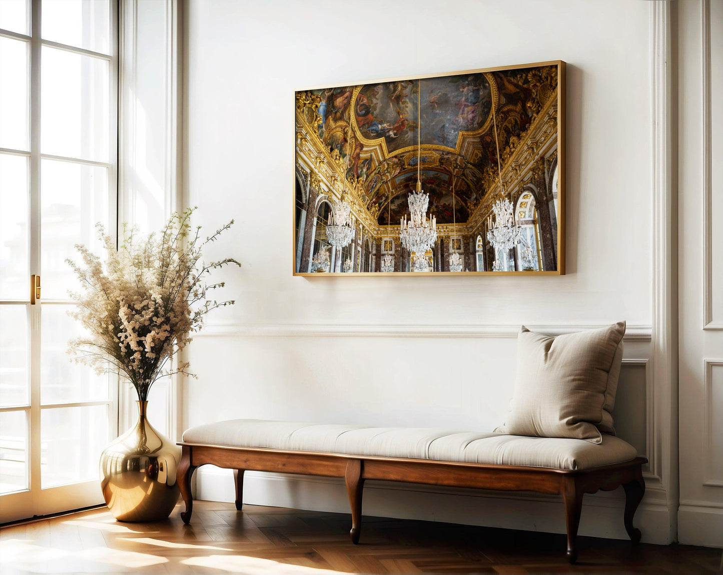 Palace of Versailles Hall of Mirrors Gold Chandelier Photography Print III - Departures Print Shop