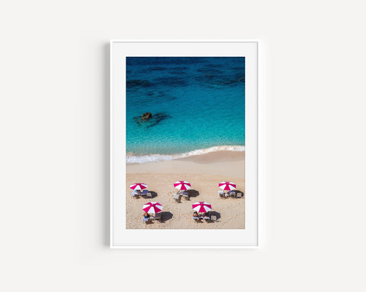 Pink and White Beach Umbrella Print I - Departures Print Shop