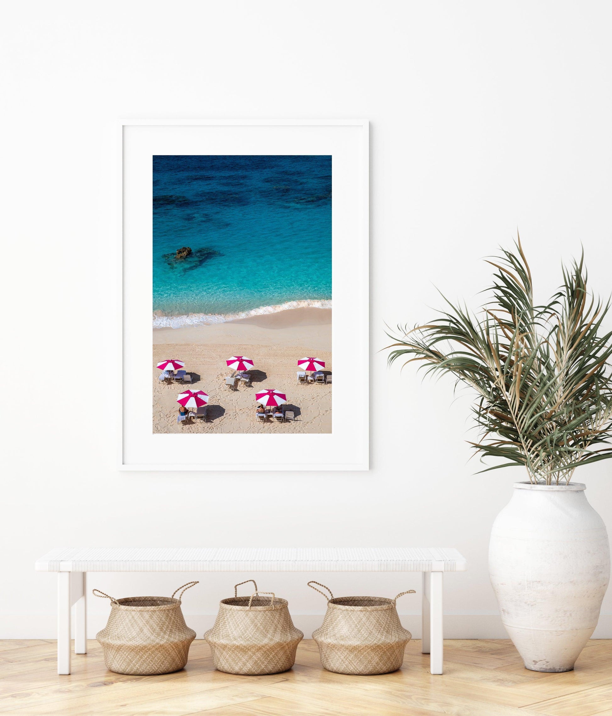 Pink and White Beach Umbrella Print I - Departures Print Shop