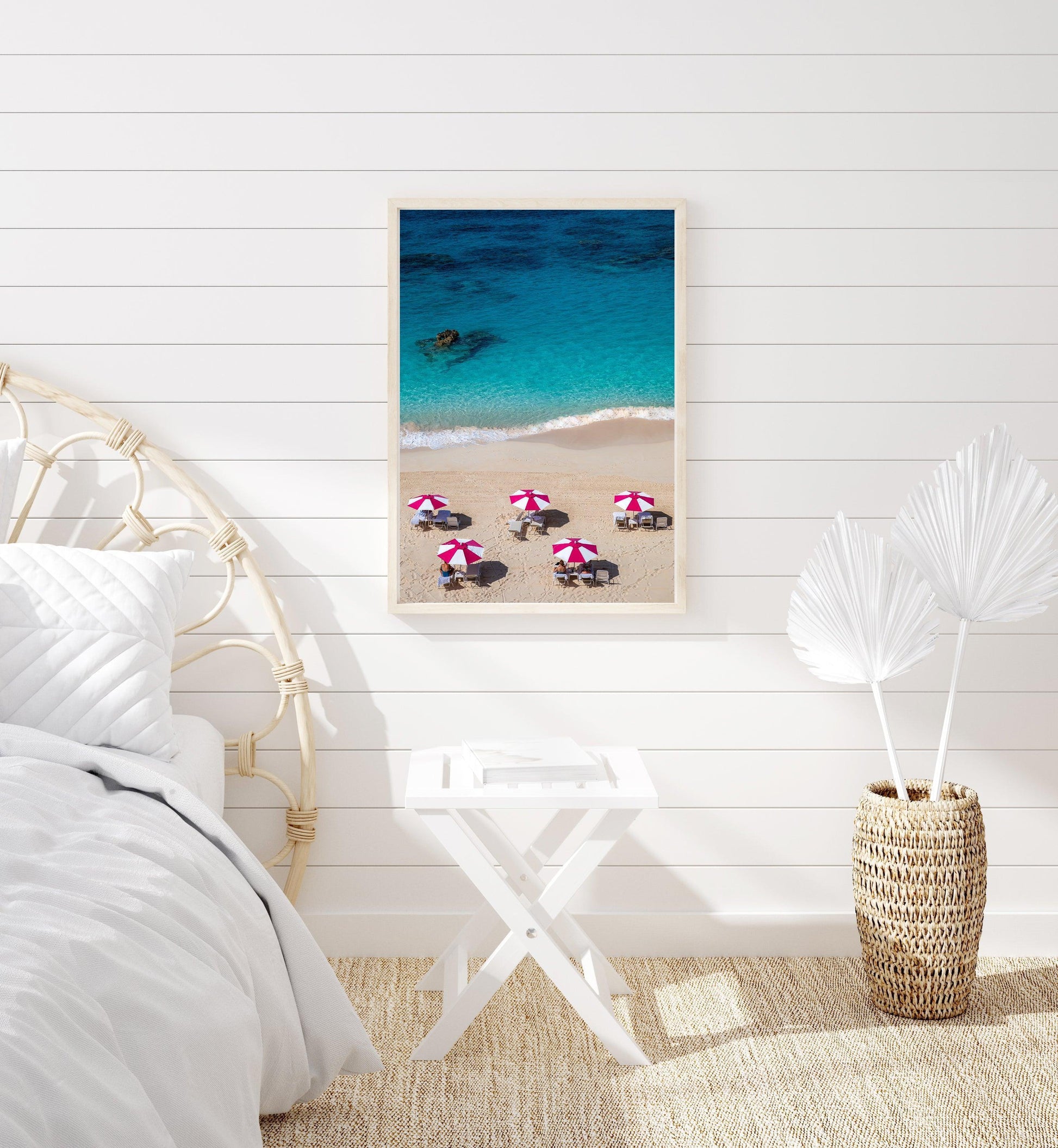 Pink and White Beach Umbrella Print I - Departures Print Shop