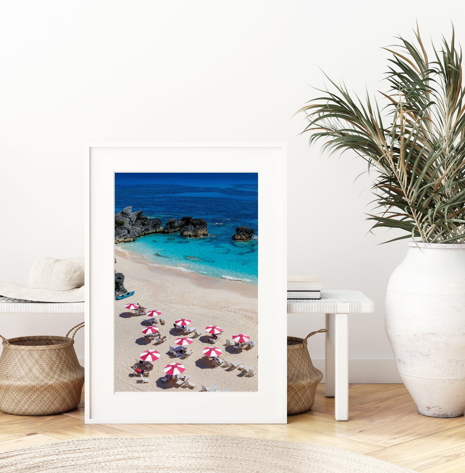 Pink and White Beach Umbrella Print II - Departures Print Shop