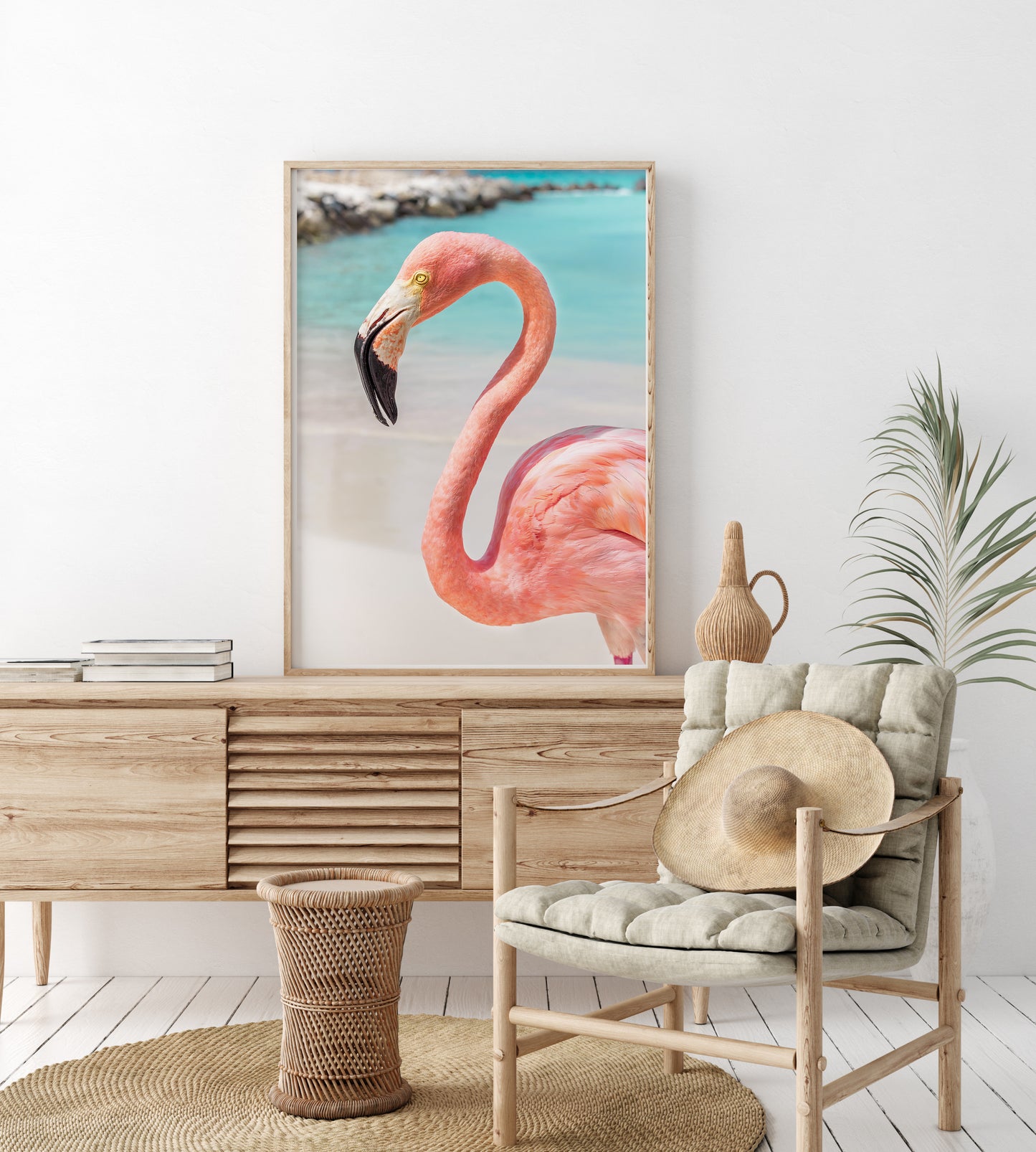 Pink flamingo on the beach at Renaissance Island Aruba — tropical flamingo photography wall art print