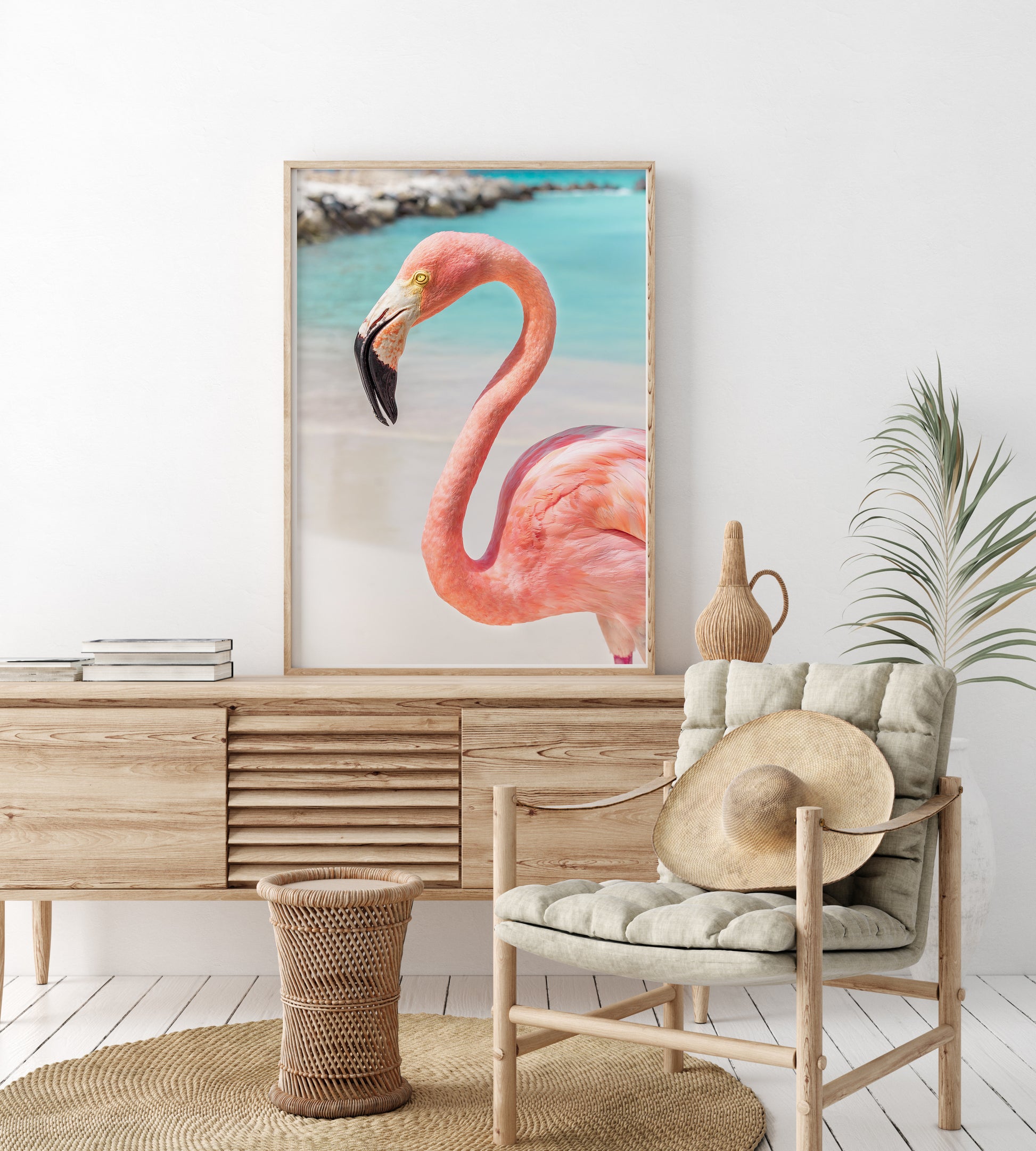Pink flamingo on the beach at Renaissance Island Aruba — tropical flamingo photography wall art print