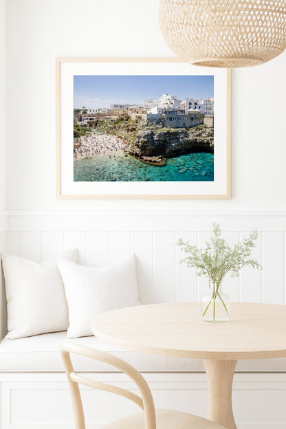 Puglia print showing an aerial beach view of Polignano a Mare, Italy photography suitable for large wall art and coastal wall decor