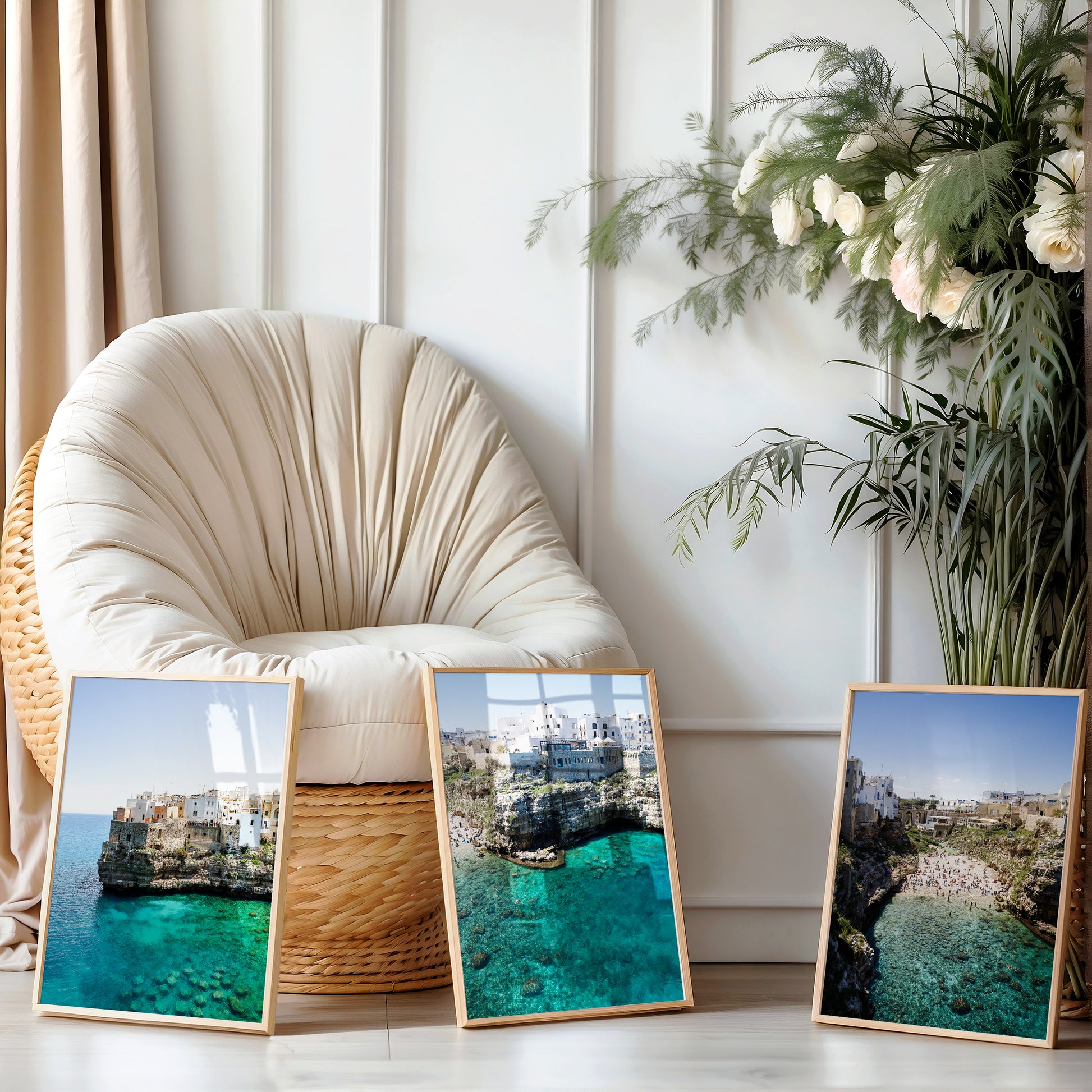Aerial beach photo of Polignano a Mare with cliffs, turquoise sea, and Italian architecture in Puglia, Italy