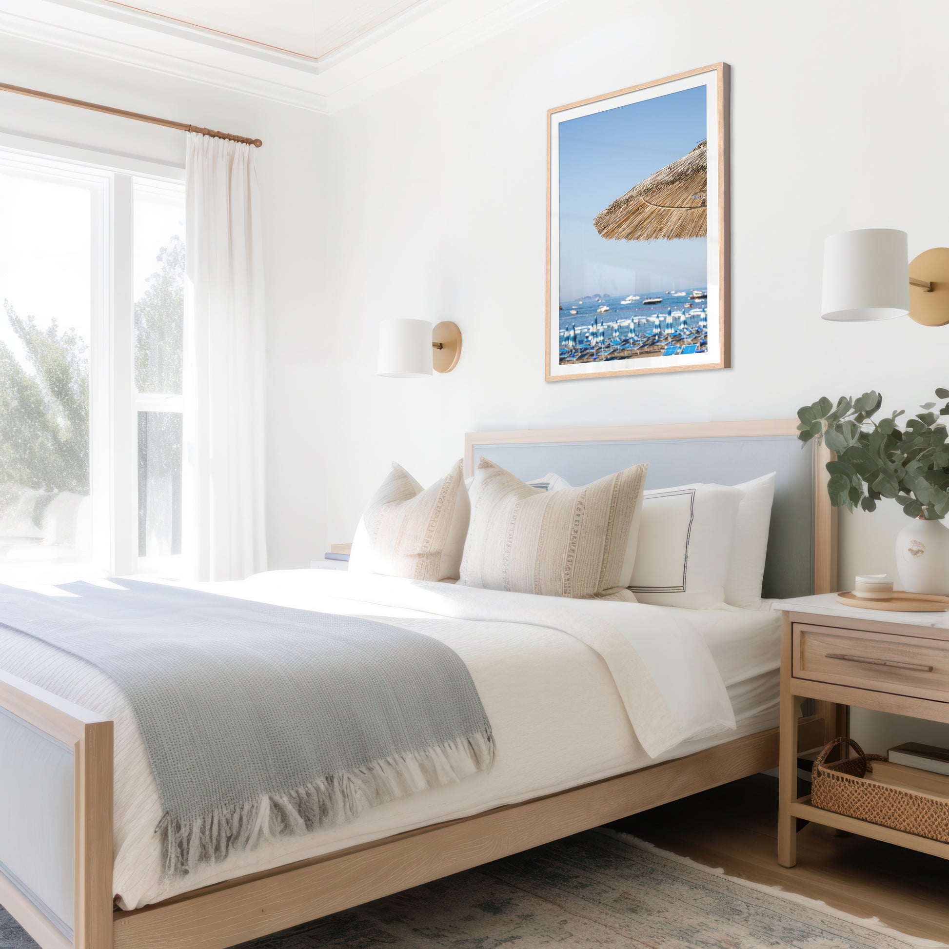 Positano beach photography print with straw umbrella and Amalfi Coast sea view – modern coastal wall art for beach house or Airbnb wall decor