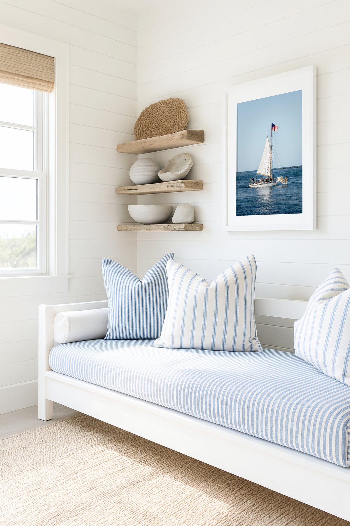 Nantucket Harbor sailboat photography print, classic wooden sailing vessel with American flag on deep blue water, coastal nautical wall art for beach house, living room, or home office
