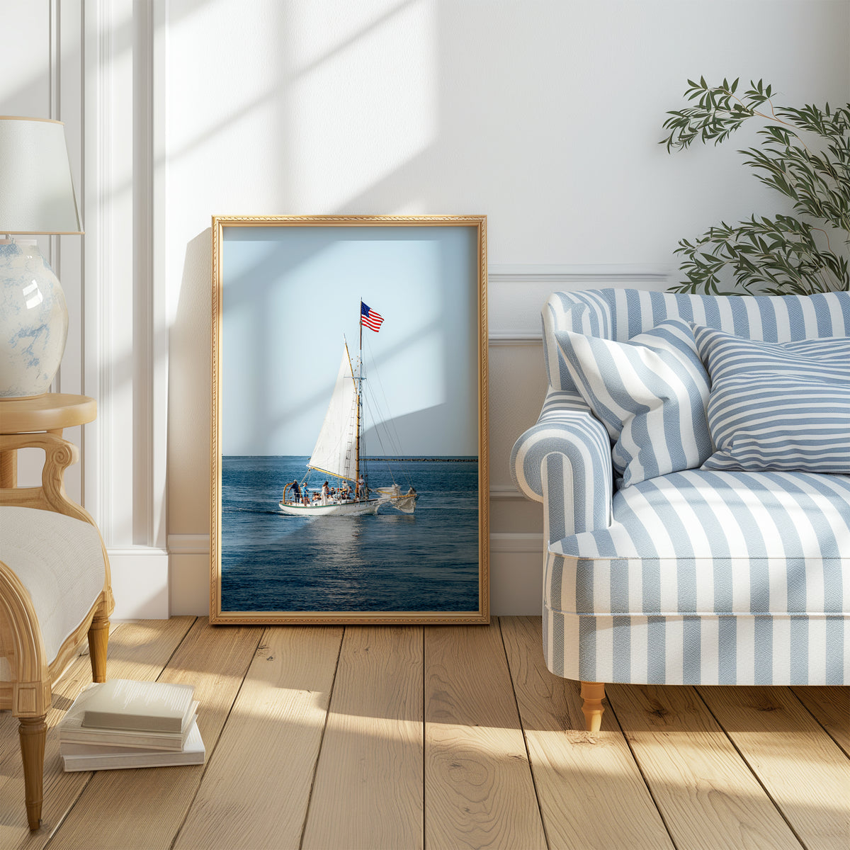 Nantucket Harbor sailboat photography print, classic wooden sailing vessel with American flag on deep blue water, coastal nautical wall art for beach house, living room, or home office