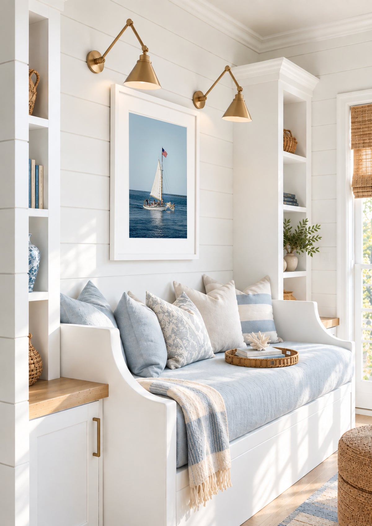 Nantucket Harbor sailboat photography print, classic wooden sailing vessel with American flag on deep blue water, coastal nautical wall art for beach house, living room, or home office