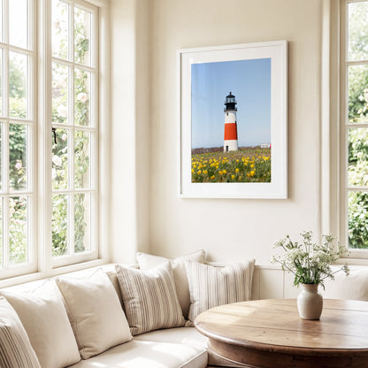 Color fine art photograph of Sankaty Head Lighthouse on Nantucket Island with yellow daffodils in soft focus in the foreground — spring wall art from Siasconset, Nantucket