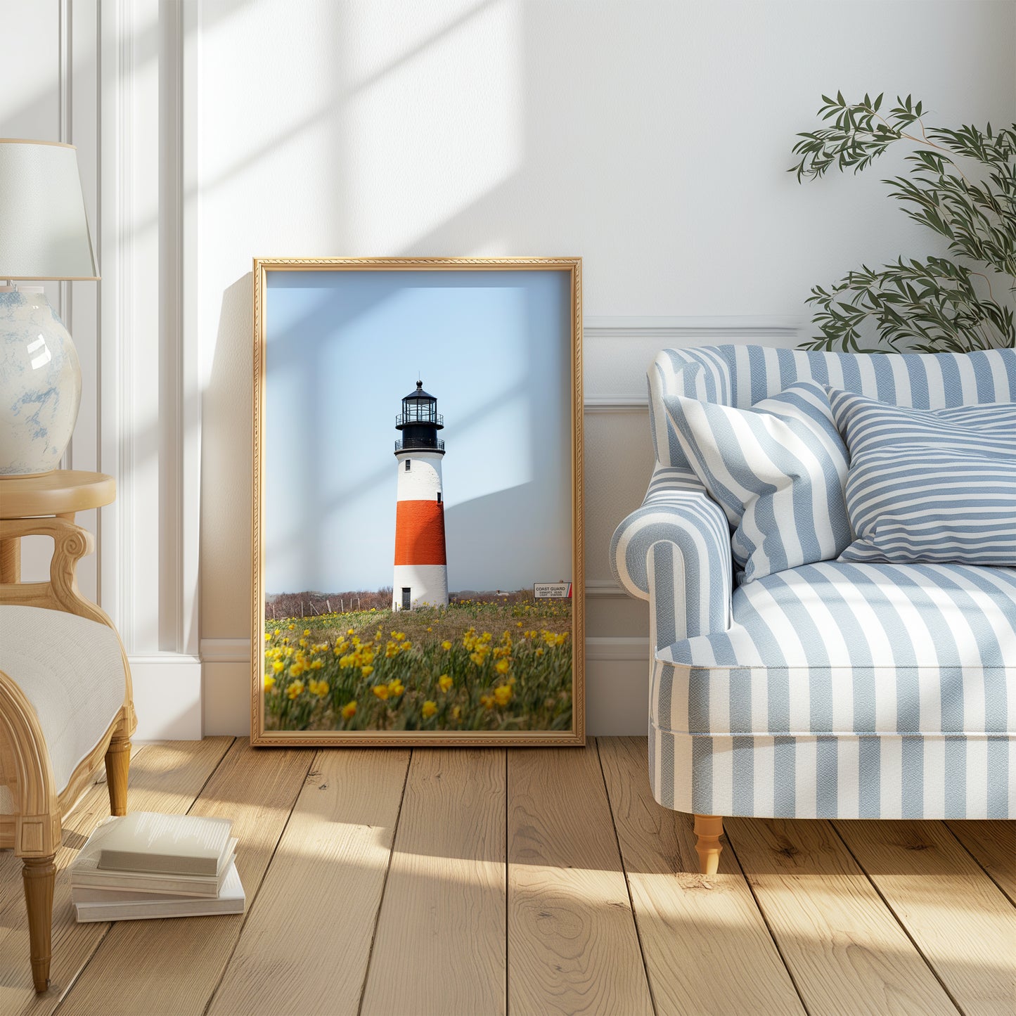 Color fine art photograph of Sankaty Head Lighthouse on Nantucket Island with yellow daffodils in soft focus in the foreground — spring wall art from Siasconset, Nantucket