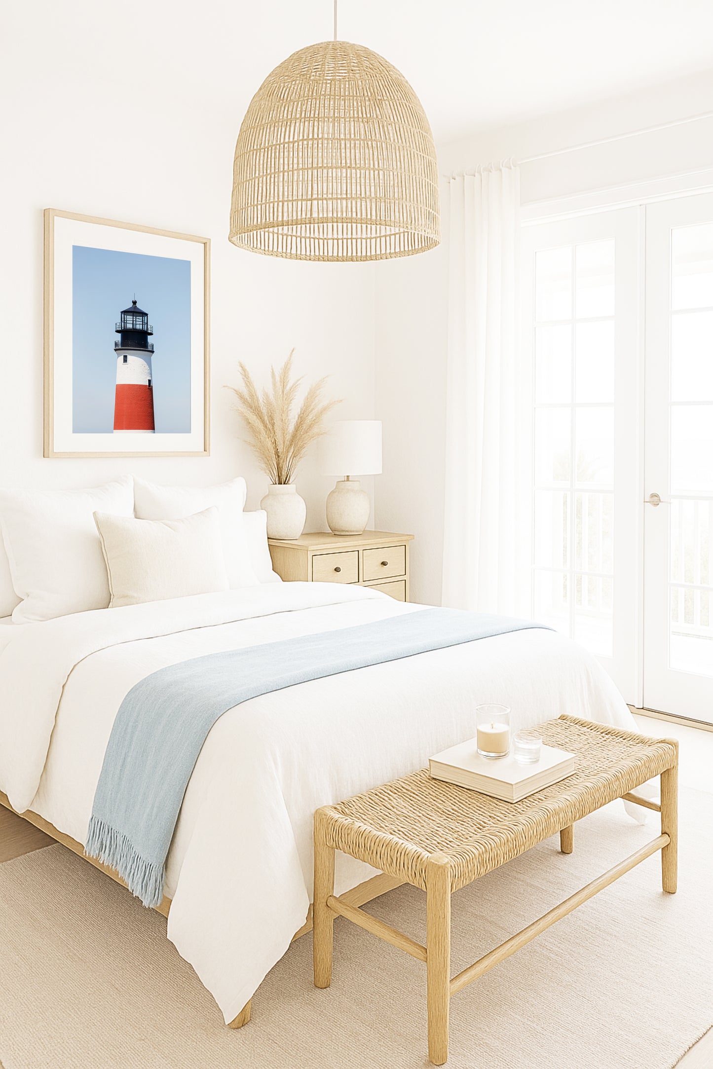 Color fine art photograph of Sankaty Head Lighthouse on Nantucket Island — red and white banded tower against a soft blue sky.