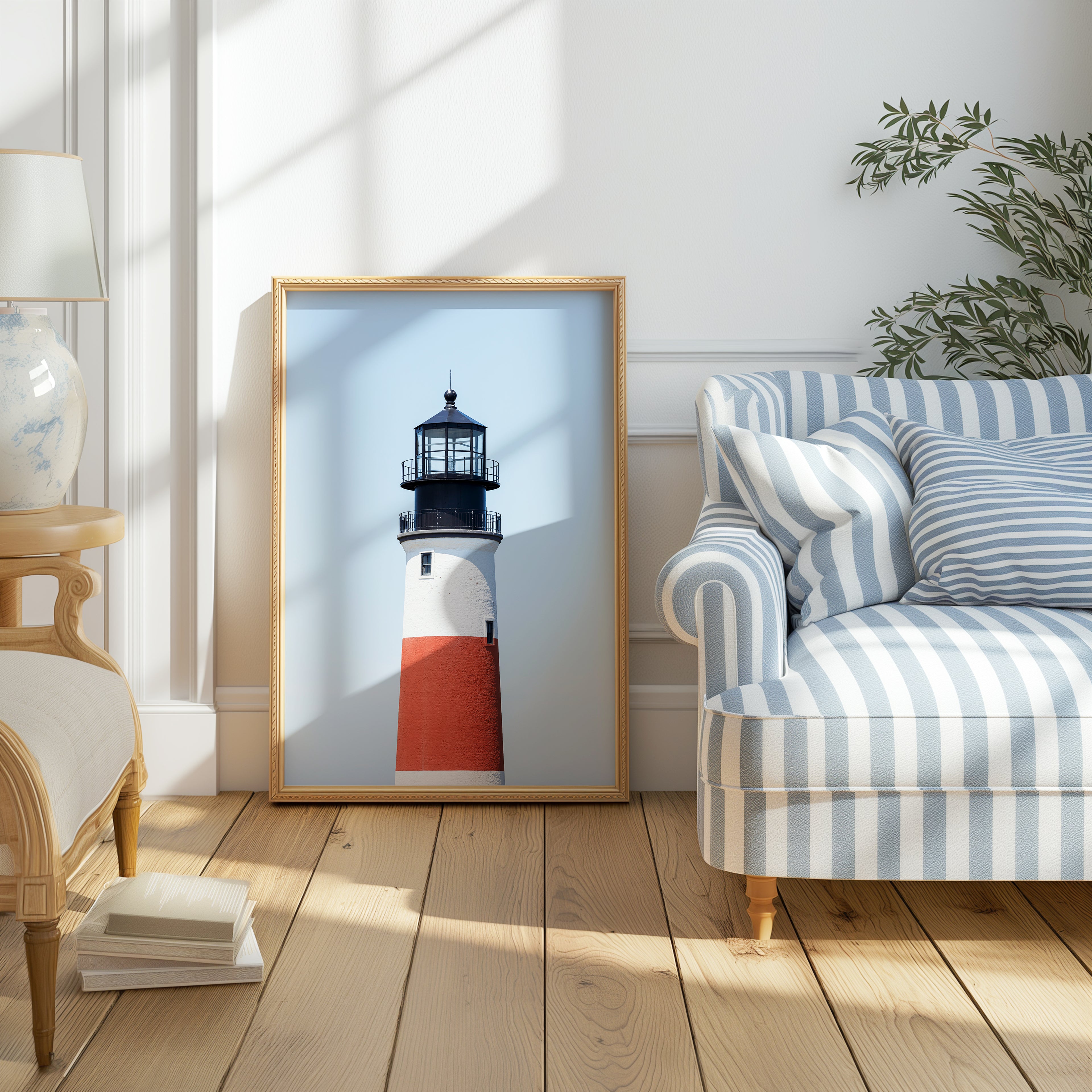Color fine art photograph of Sankaty Head Lighthouse on Nantucket Island — red and white banded tower against a soft blue sky.