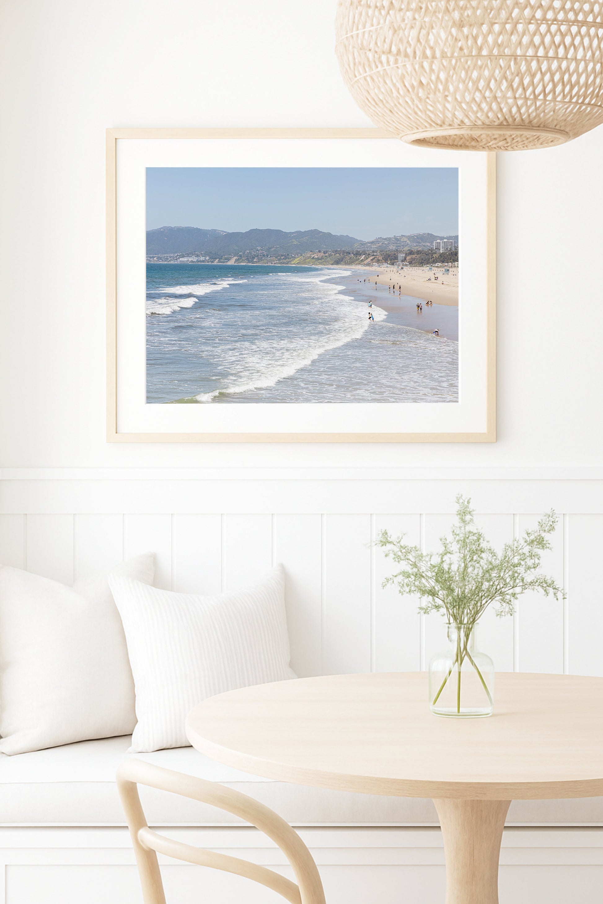 Modern coastal wall art taken in Santa Monica, California. Neutral beach photography print.